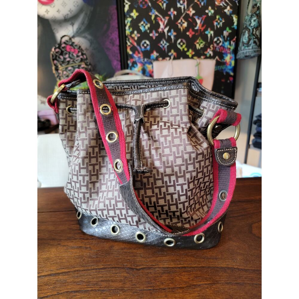 Tommy Hilfiger Monogram Drawstring Bucket Bag Snakeskin Print Grommet Crossbody - Picture 3 of 8